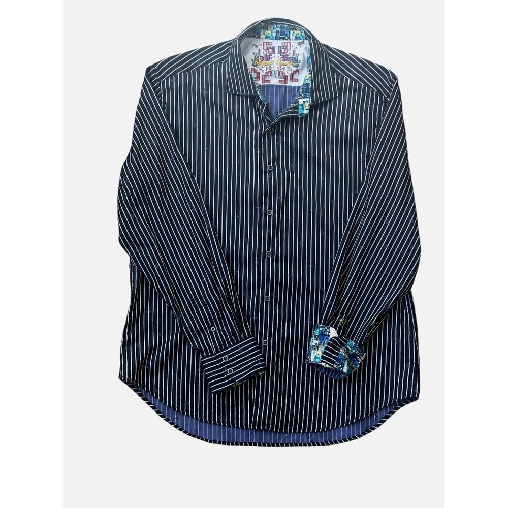 Robert Graham Mens XL Striped Long Sleeve Button-Up Shirt 100% Cotton Navy/White